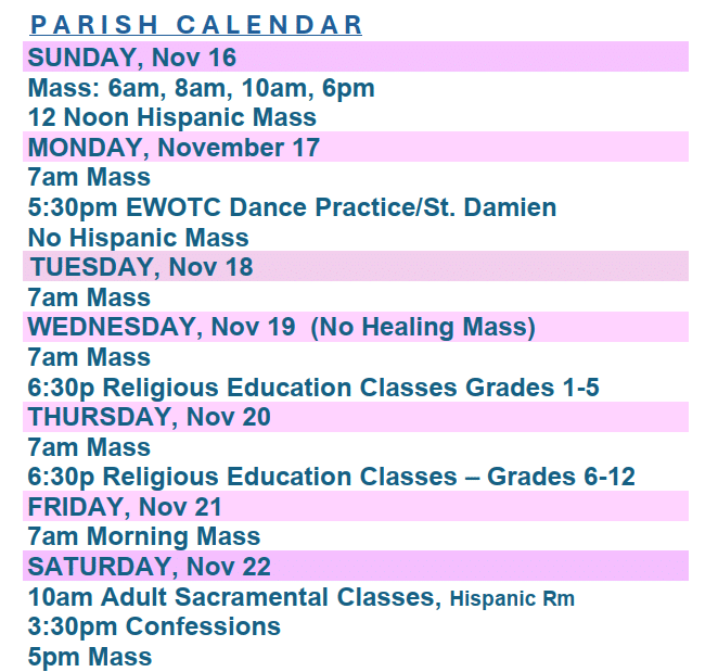 Parish Calendar November 16,2025