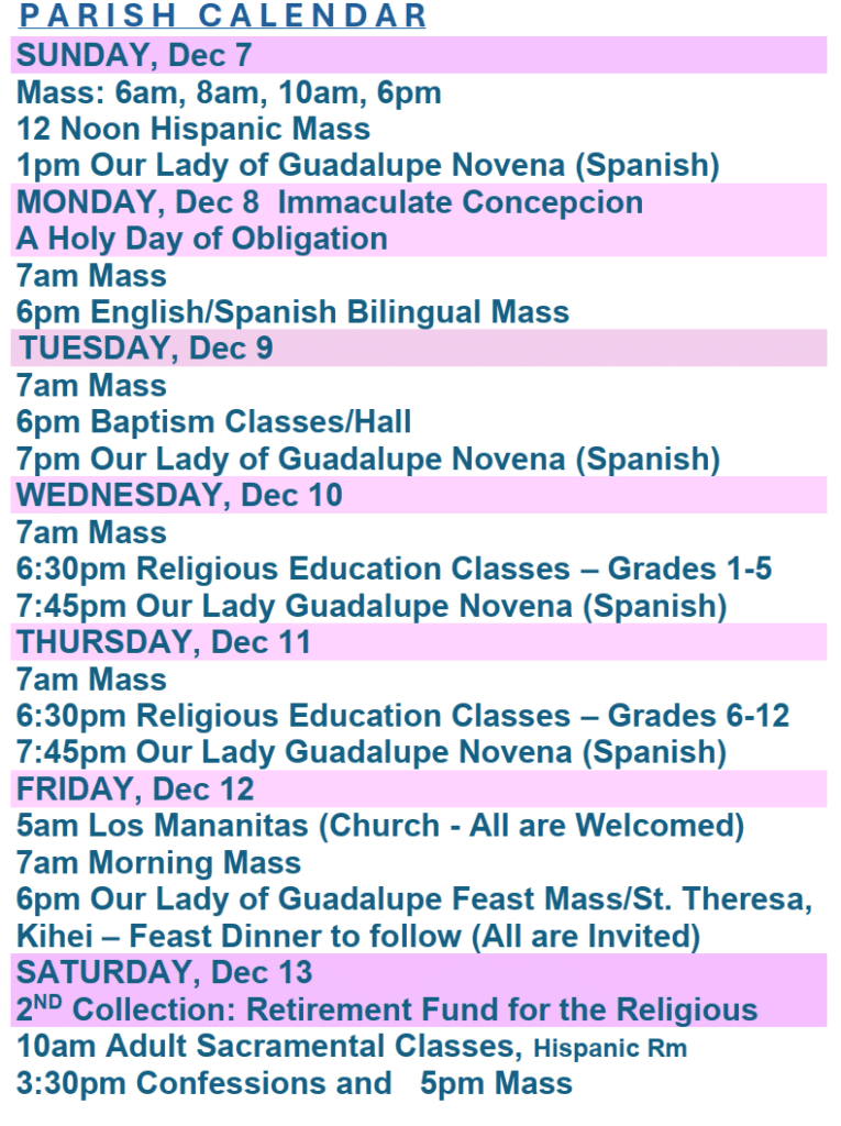 Parish Calendar December 7,2025