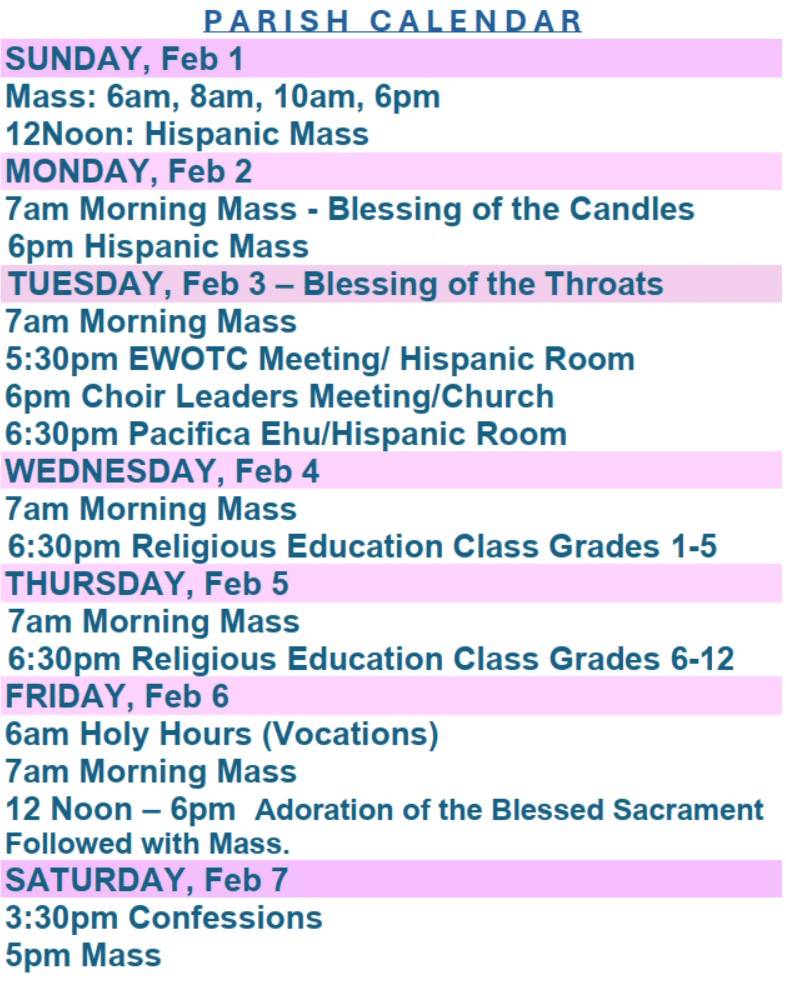 Parish Calendar February 01, 2026