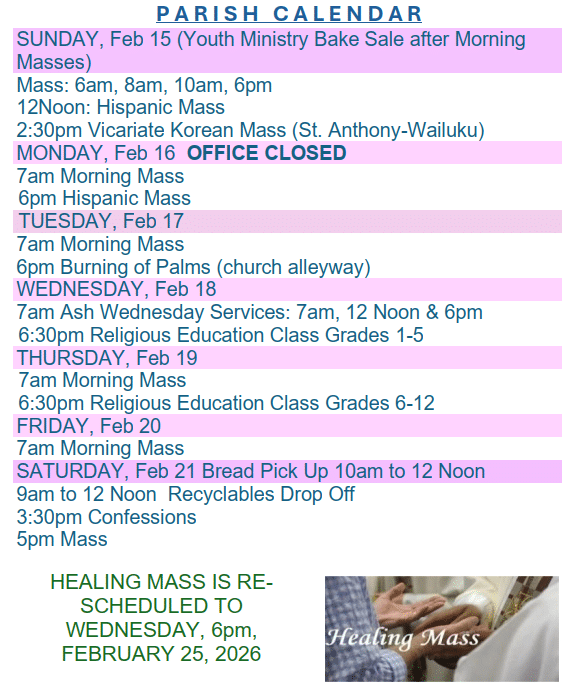Parish Calendar February 15, 2026