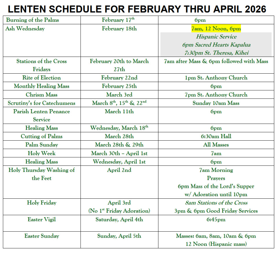 Lenten Schedule 2026