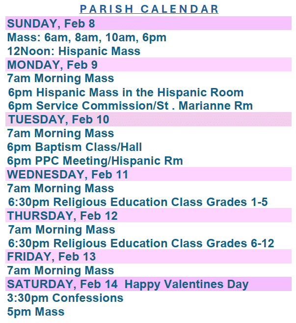 Parish Calendar February 08, 2026