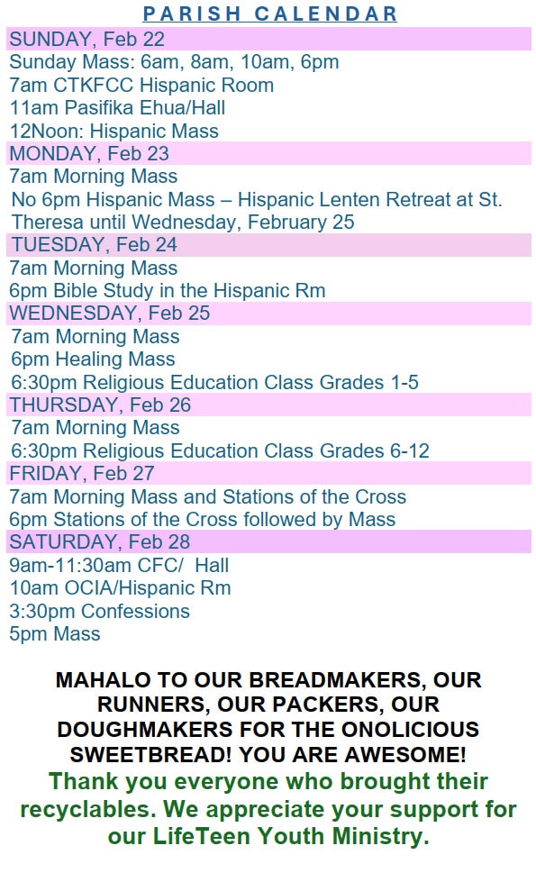 Parish Calendar February 22, 2026