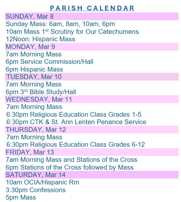 Parish Calendar March 08, 2026
