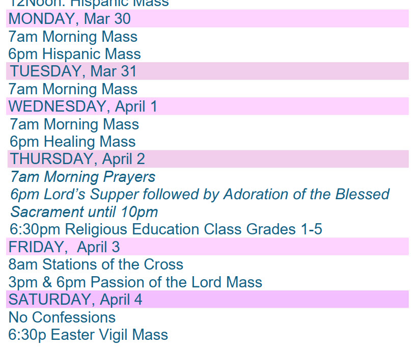 Parish Calendar March 29, 2026