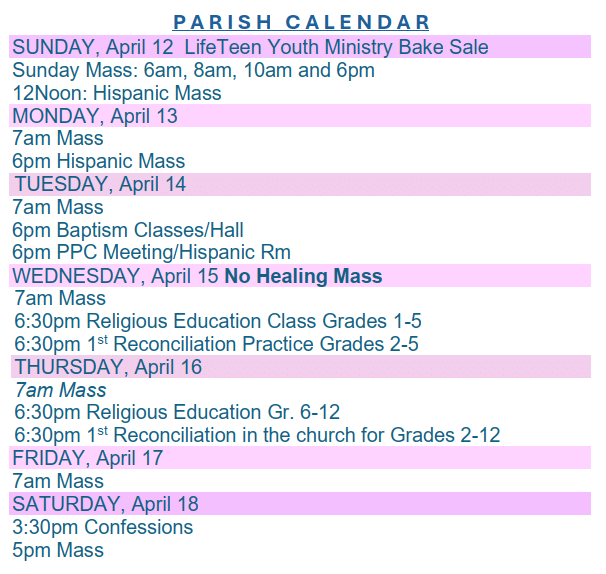 Parish Calendar April 12, 2026