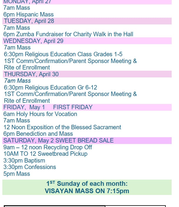 Parish Calendar April 26, 2026