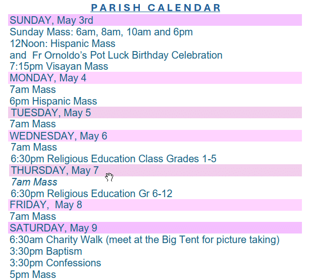 Parish Calendar May 03, 2026
