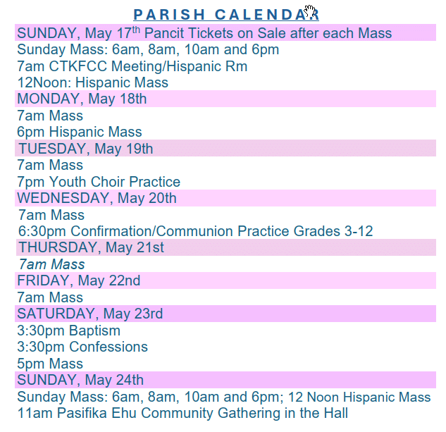 Parish Calendar May 16, 2026