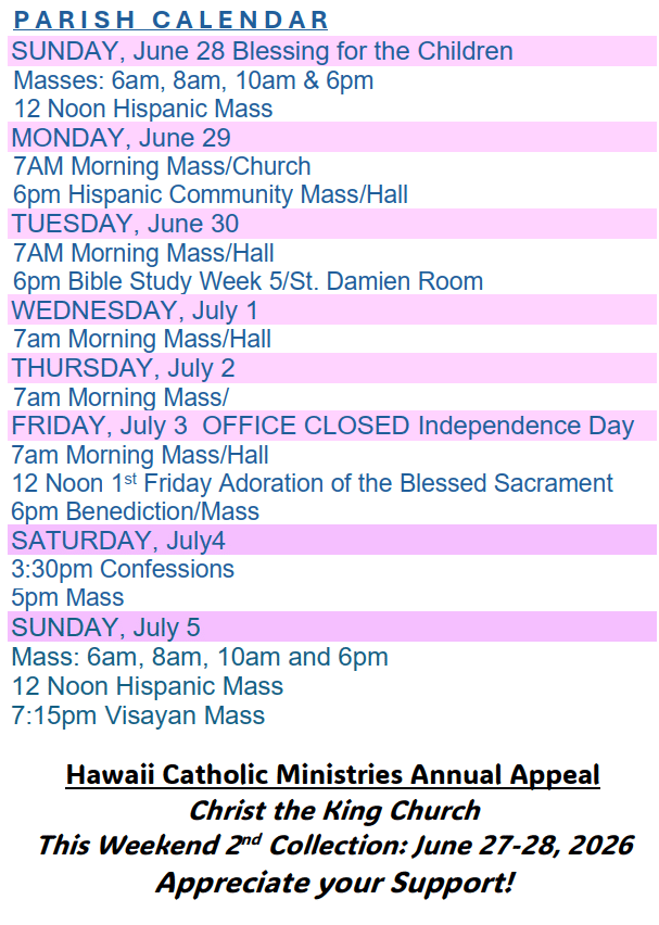 Christ The King Parish Calendar June 28, 2026