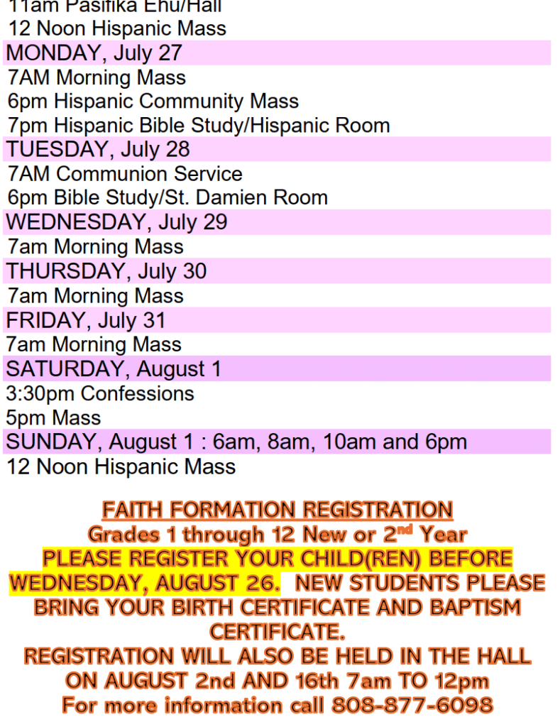 Christ The King Parish Calendar July 25, 2026