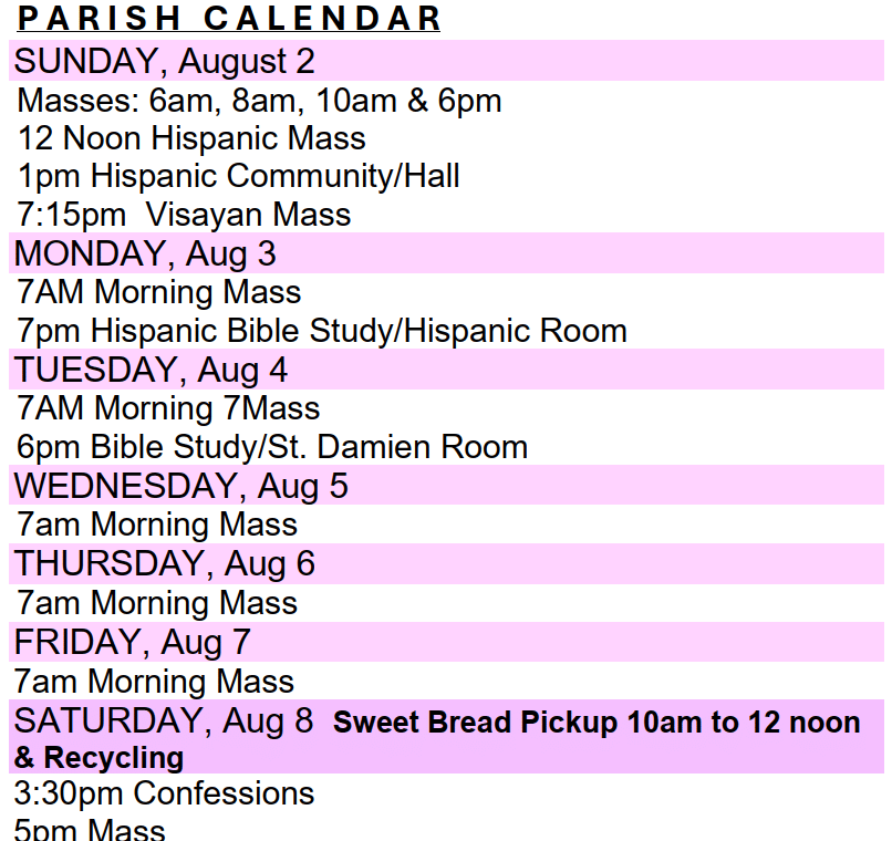 Christ The King Parish Calendar August 02 2026