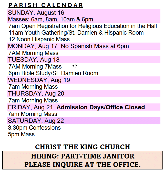 Christ The King Parish Calendar August 16 2026