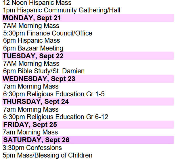Christ The King Parish Calendar September 20 2026