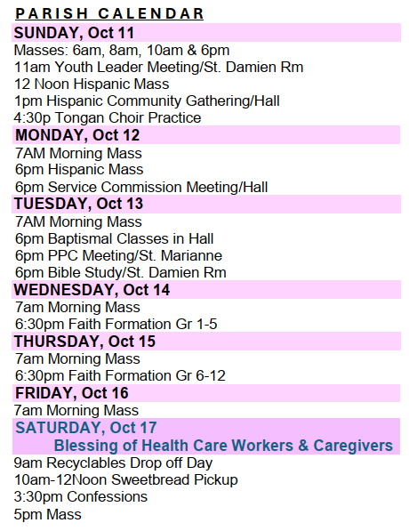 Christ The King Parish Calendar October 11 2026