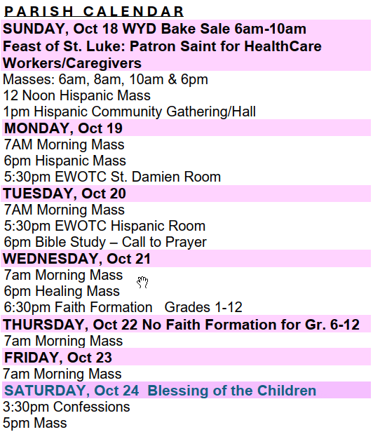 Christ The King Parish Calendar October 18 2026