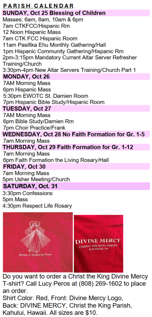 Christ The King Parish Calendar October 24 2026